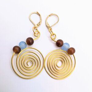 HANDMADE HANDWIRED GOLD SPIRAL EARRINGS, WITH VIOLET AND PASTEL BLUE BEADS
